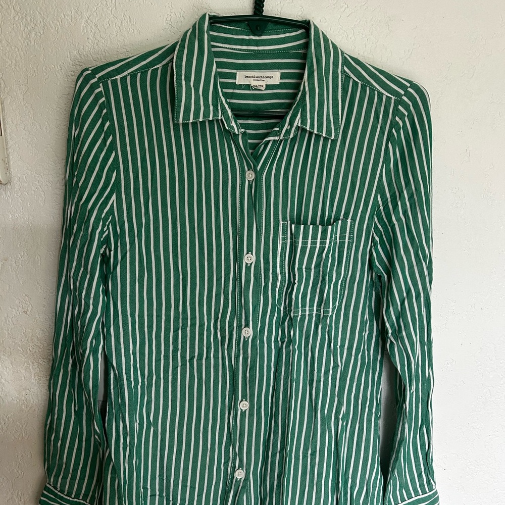 Beachlunchlounge Green and White Striped Button Down Shirt